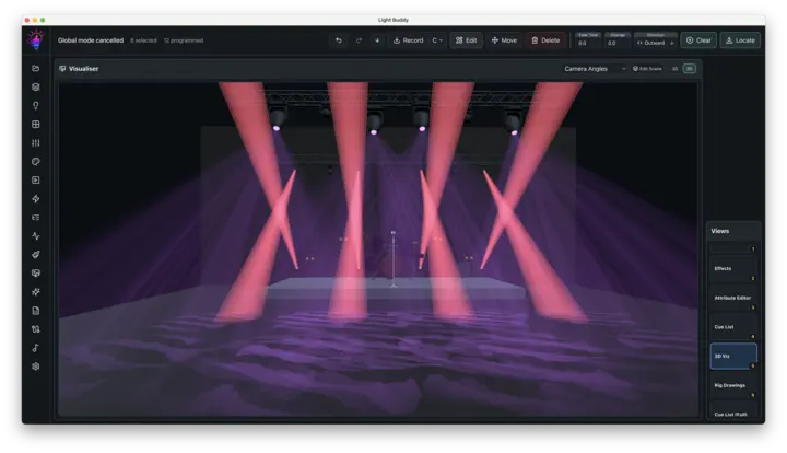 LightBuddy 3D Visualiser showing a lit stage