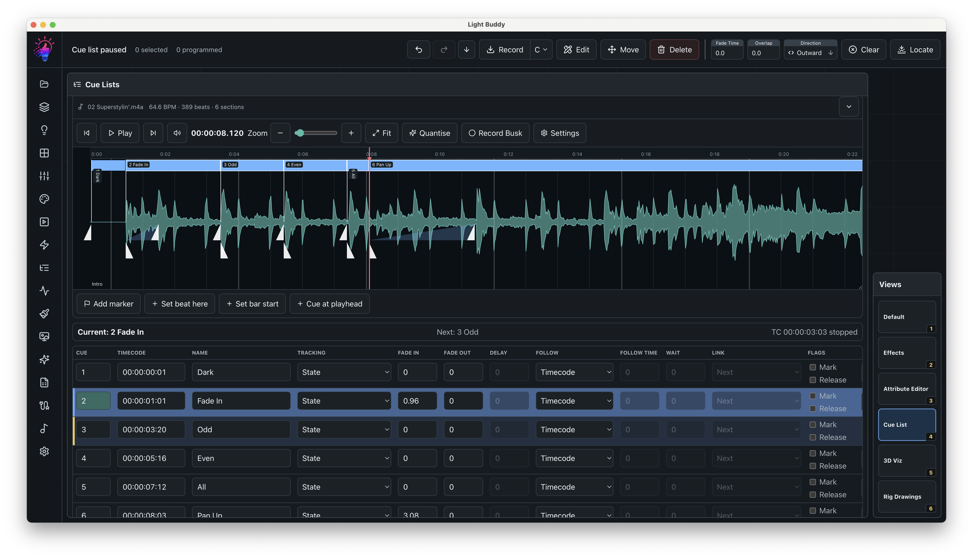 LightBuddy cue list audio timeline with waveform and timed cues