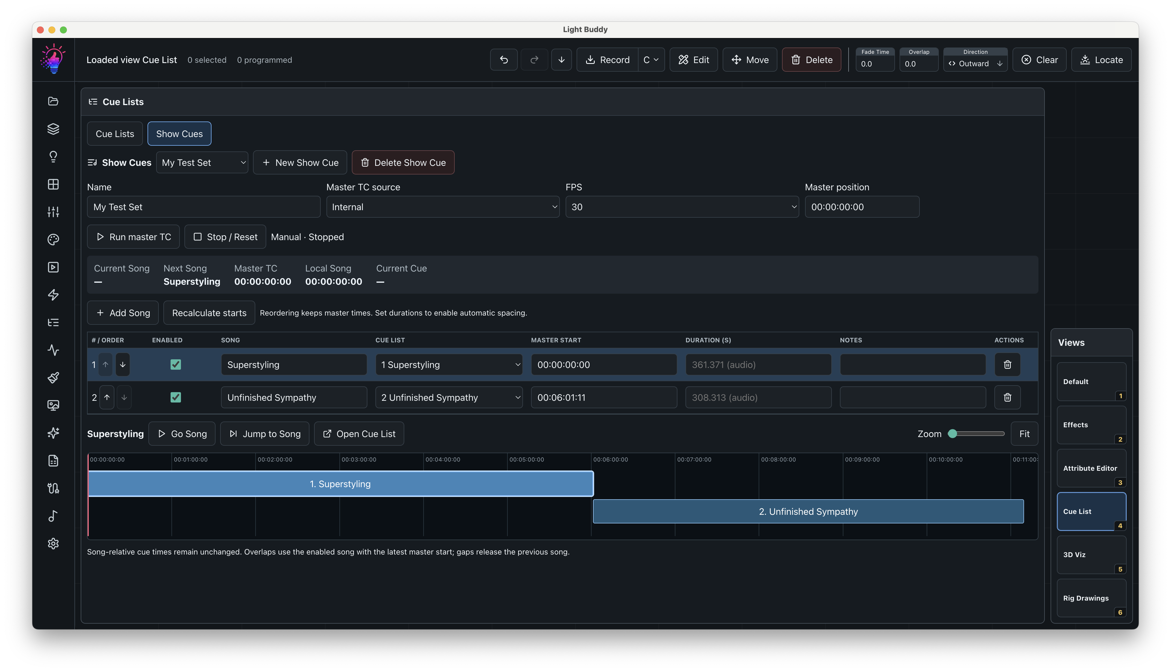 LightBuddy Show Cues set list editor