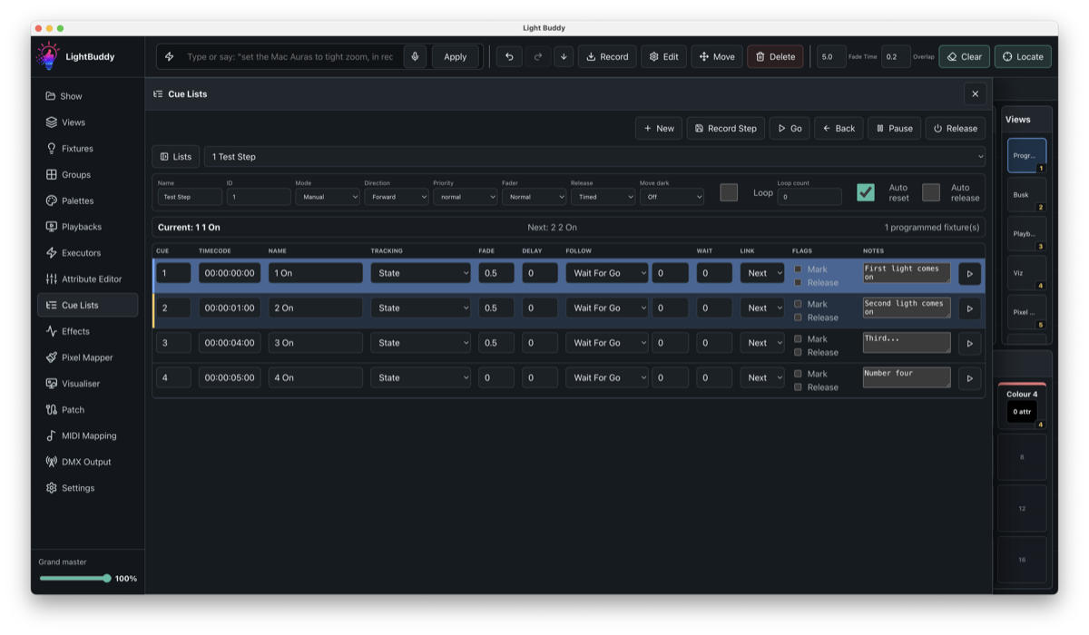 LightBuddy cue list editor with timing and playback controls
