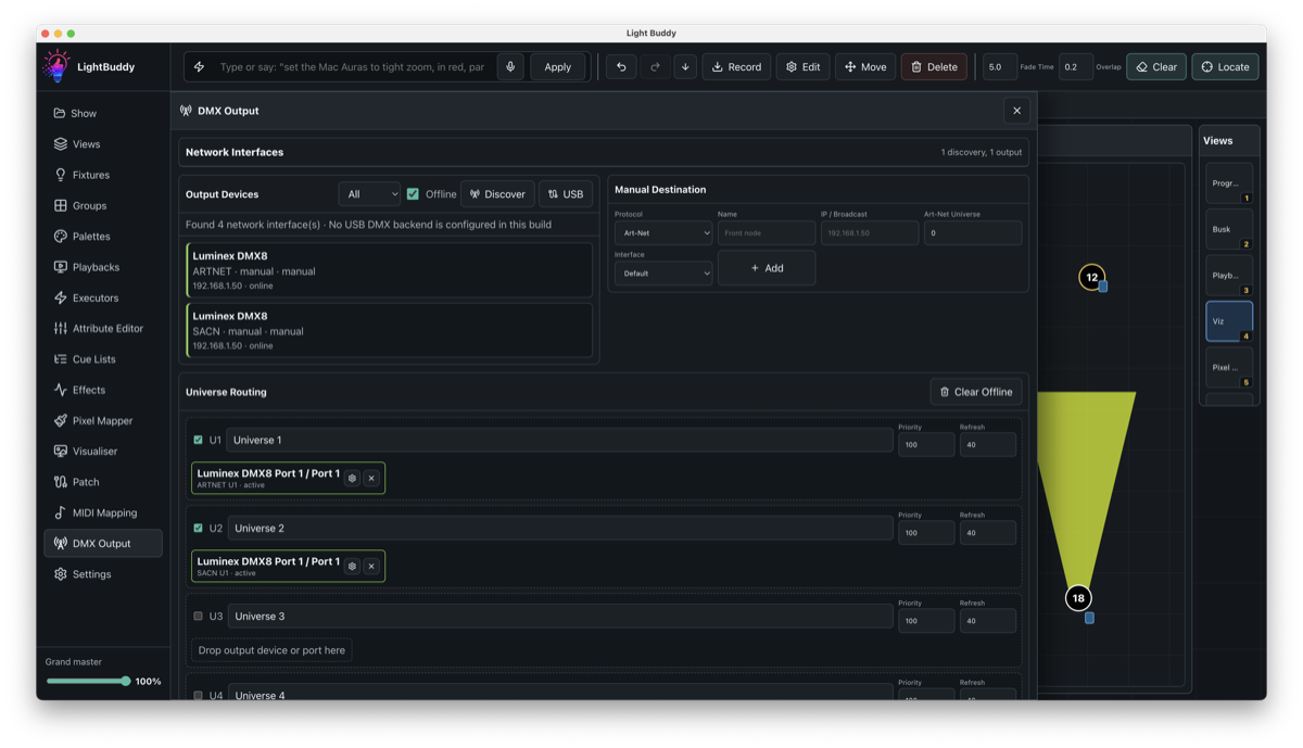 LightBuddy DMX output routing screen