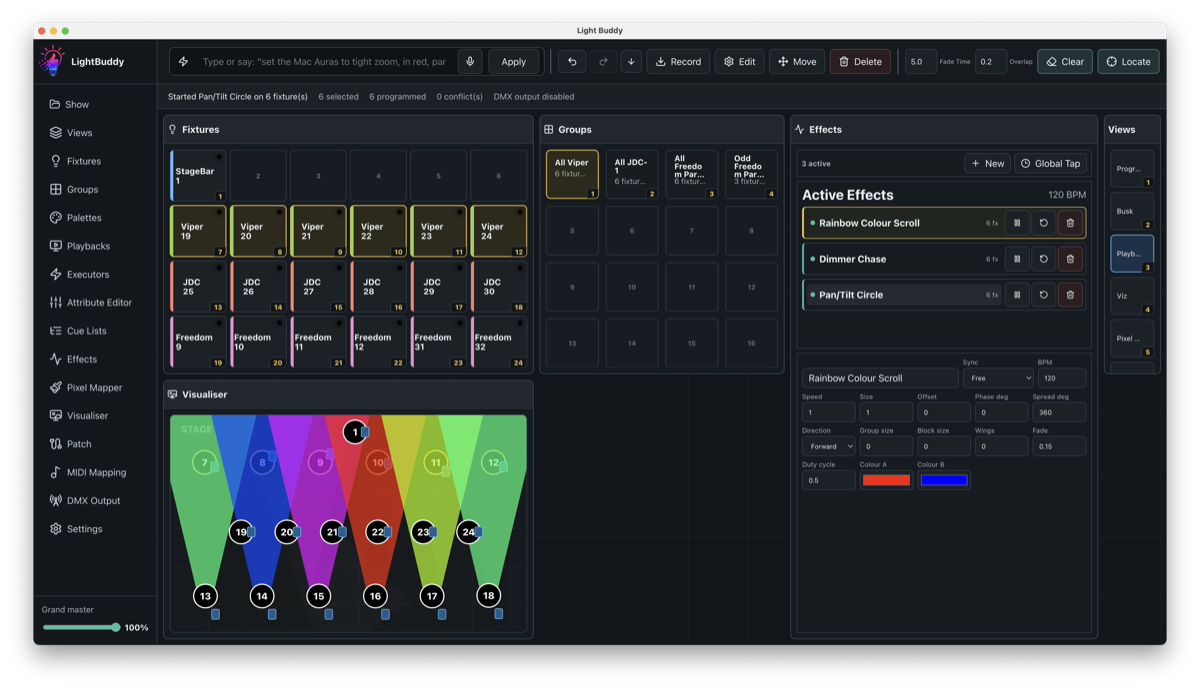 LightBuddy effects engine with waveform and attribute controls