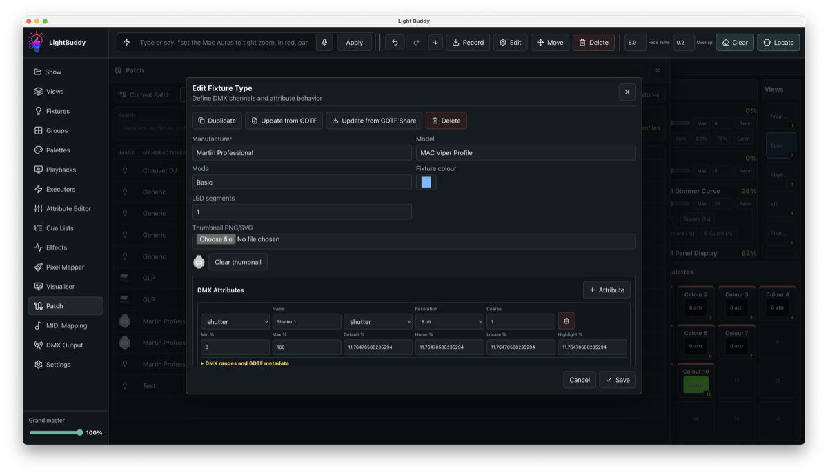 LightBuddy fixture editor with channel and mode controls
