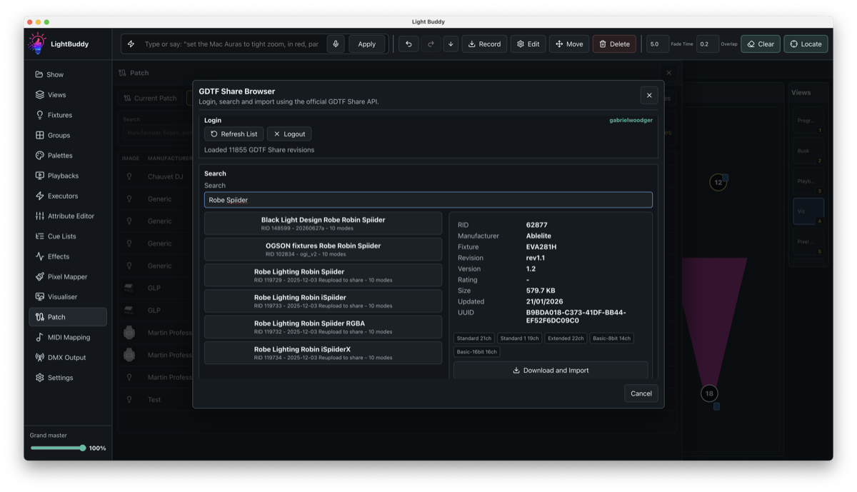 LightBuddy GDTF Share import screen