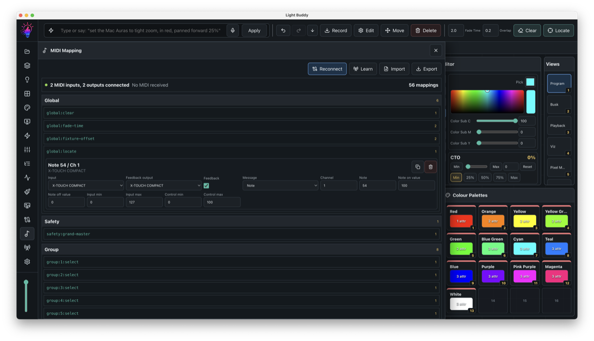 LightBuddy MIDI mapping screen with controller assignments and input mapping