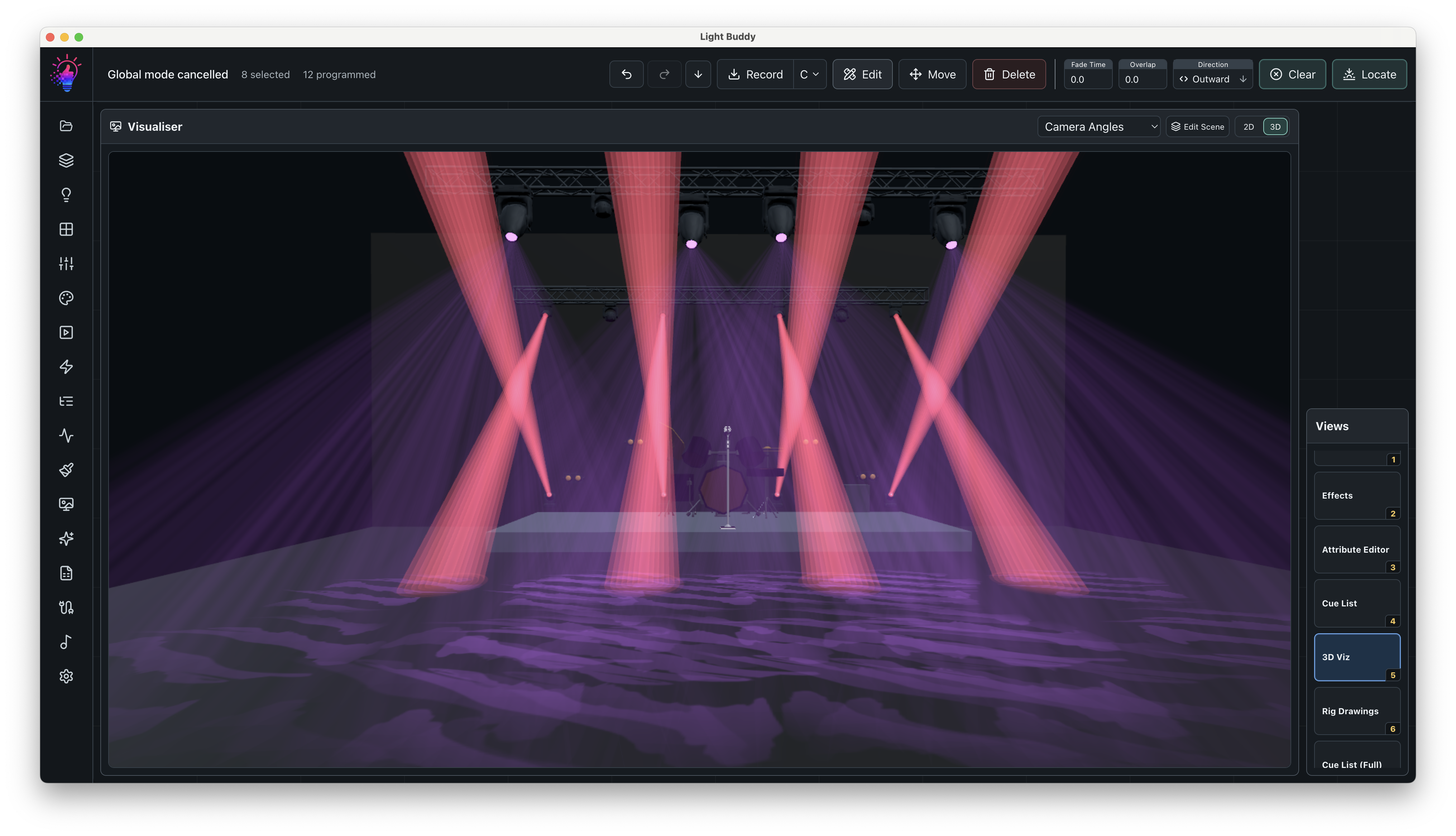 LightBuddy 3D Visualiser showing beams across a stage