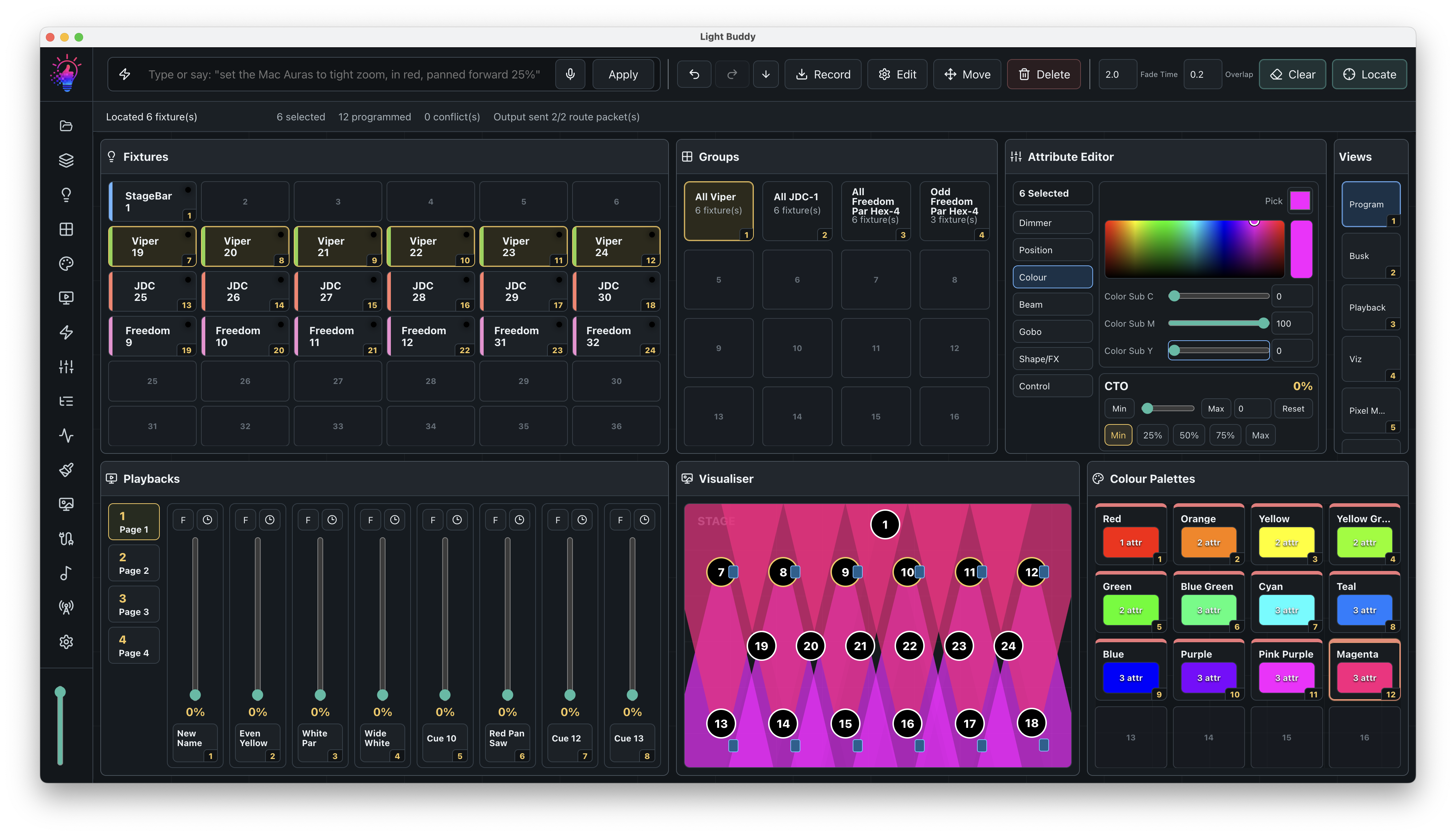 LightBuddy desktop interface with fixture controls and live playback tools